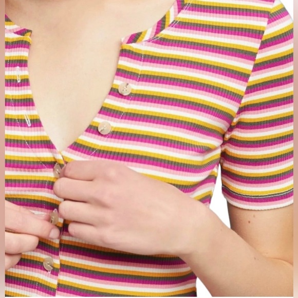 Anthropologie Maeve Shirt Small Pink Striped Ribbed Short Sleeve Button Front - Picture 8 of 9